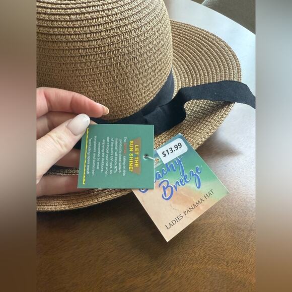 NWT Paper Straw Wide Brim Hat Sun Hat Tan Black Bow UPF 30+ Beach Pool Cruise - Picture 7 of 7